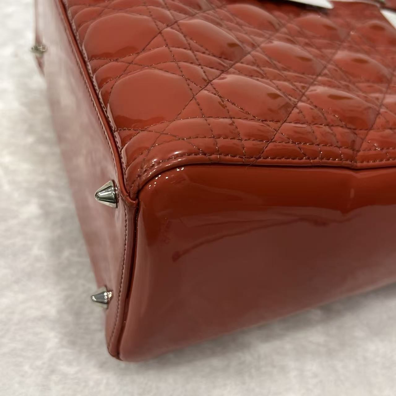 Auth Christian Dior Lady Dior Medium Red Patent Leather 2Way Hand Shoulder Bag