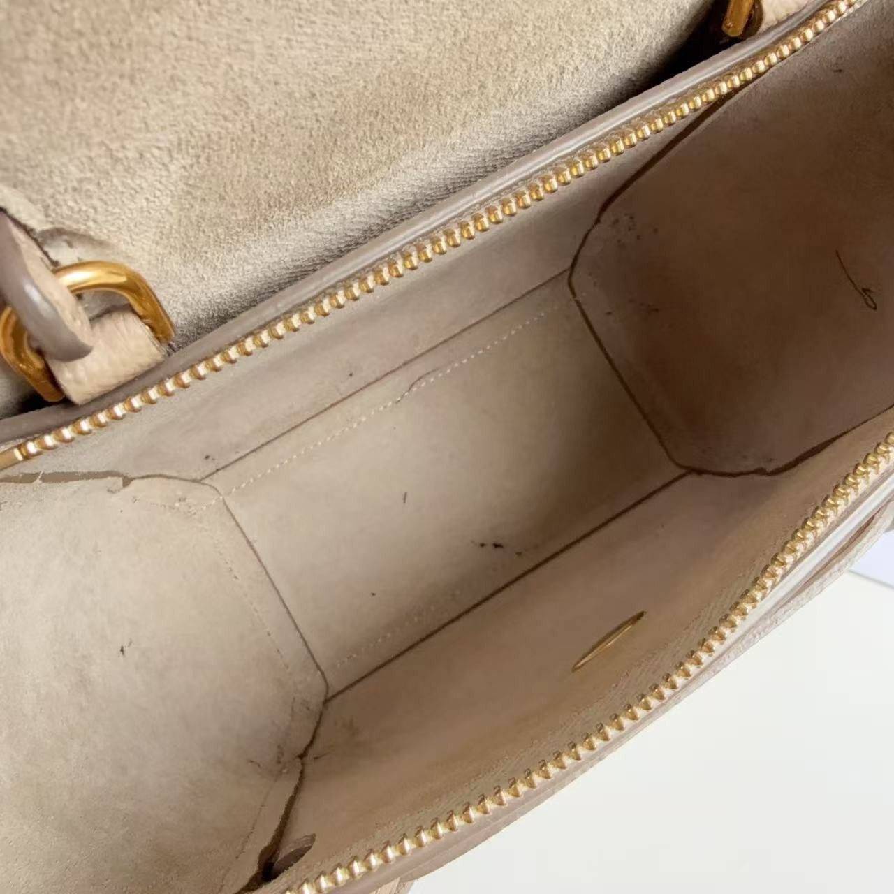 CELINE Nano Belt Bag Beige Grained Calfskin Leather Top Handle Bag Gold Auth