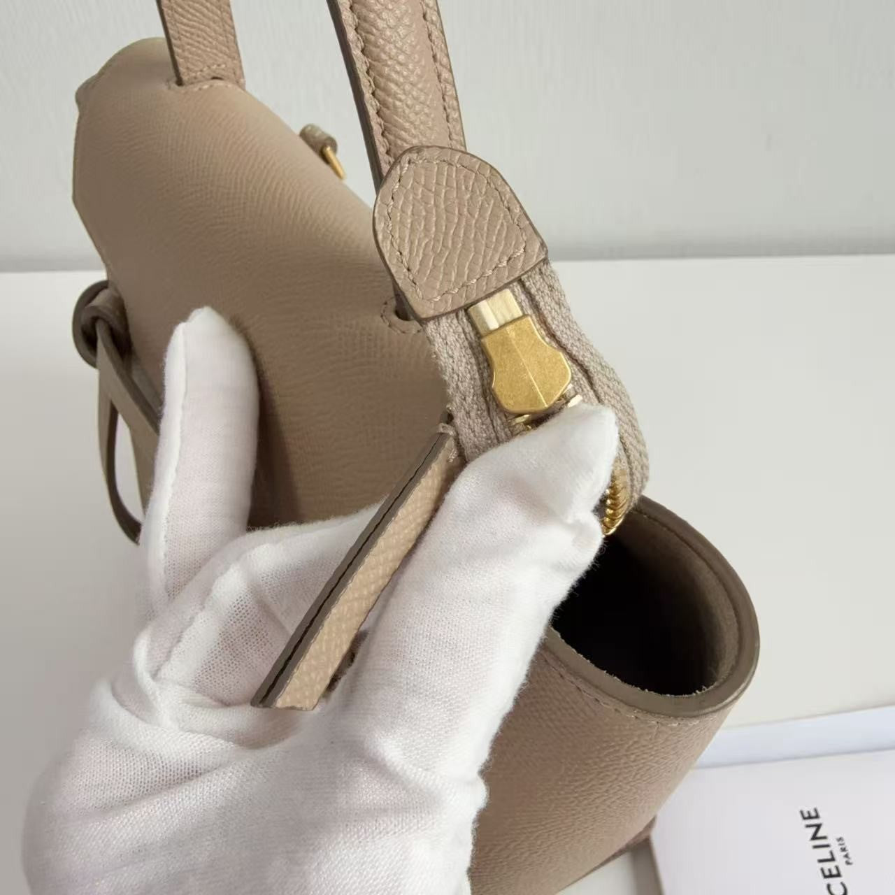 CELINE Nano Belt Bag Beige Grained Calfskin Leather Top Handle Bag Gold Auth