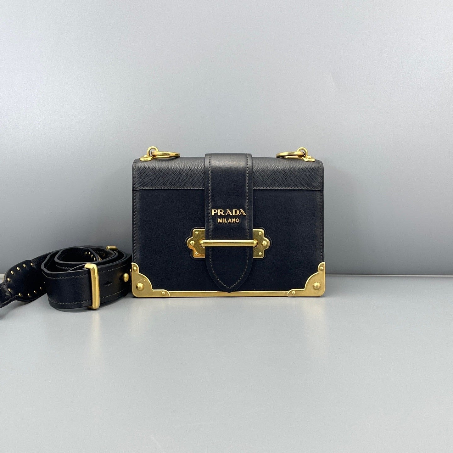 Authentic Prada Cahier Medium Black Leather Crossbody Bag with Gold Hardware