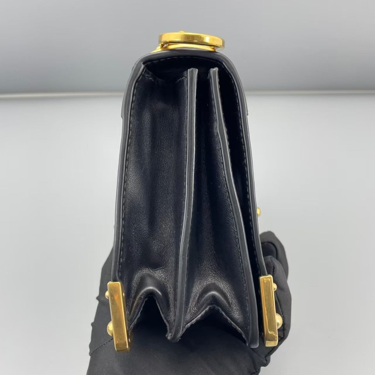 Authentic Prada Cahier Medium Black Leather Crossbody Bag with Gold Hardware