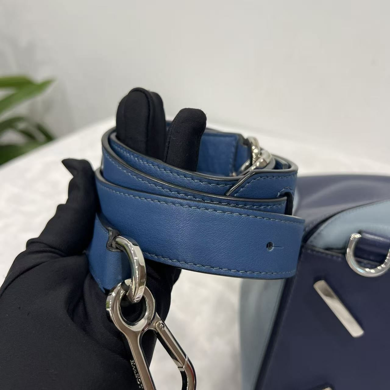 Loewe Puzzle Shoulder Bag Blue Colorblock Calfskin Leather Silver Hardware Auth