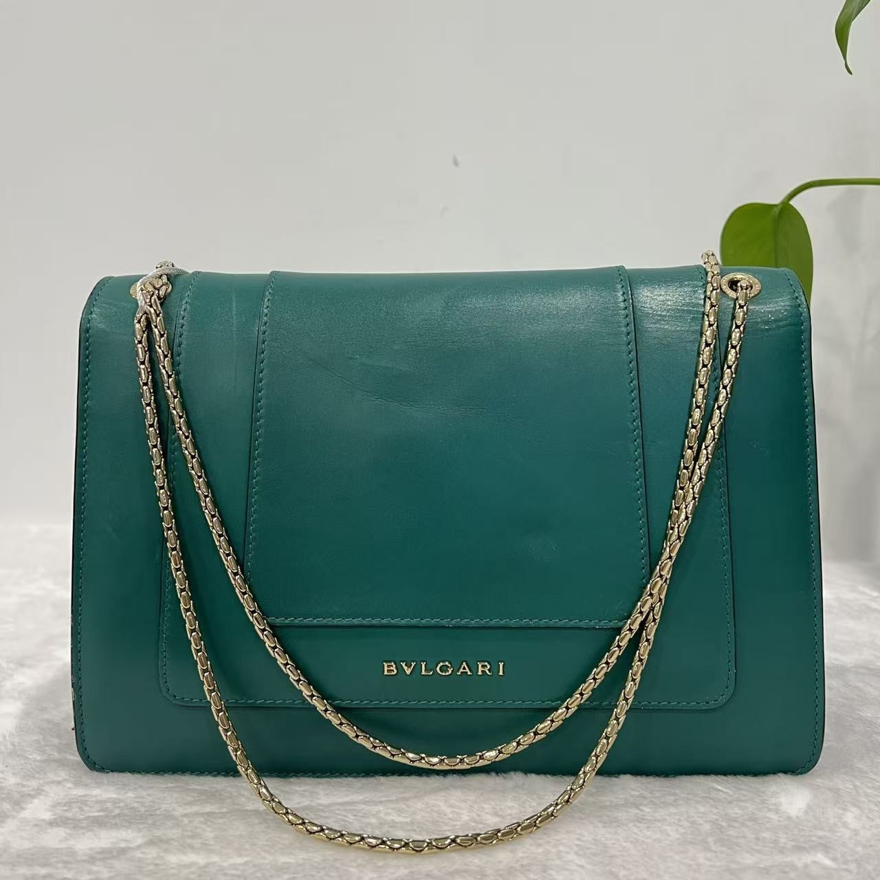 Auth Bvlgari Serpenti Shoulder Bag Deep Green Calfskin Leather Designer Classic