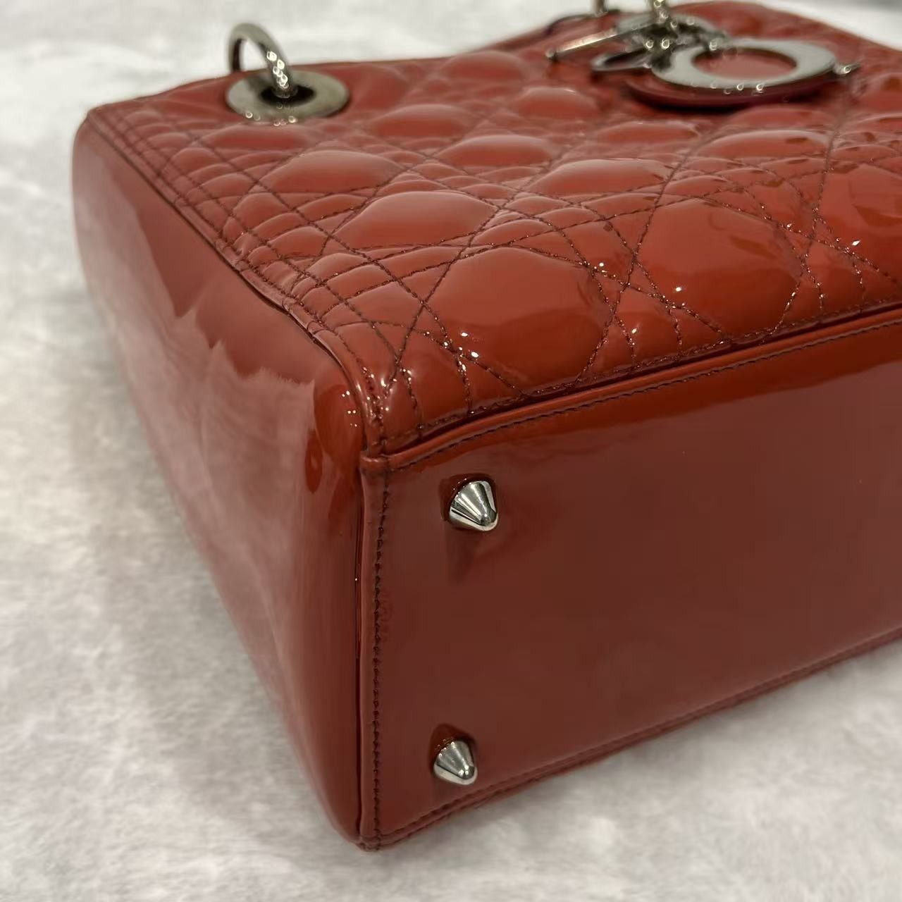 Auth Christian Dior Lady Dior Medium Red Patent Leather 2Way Hand Shoulder Bag