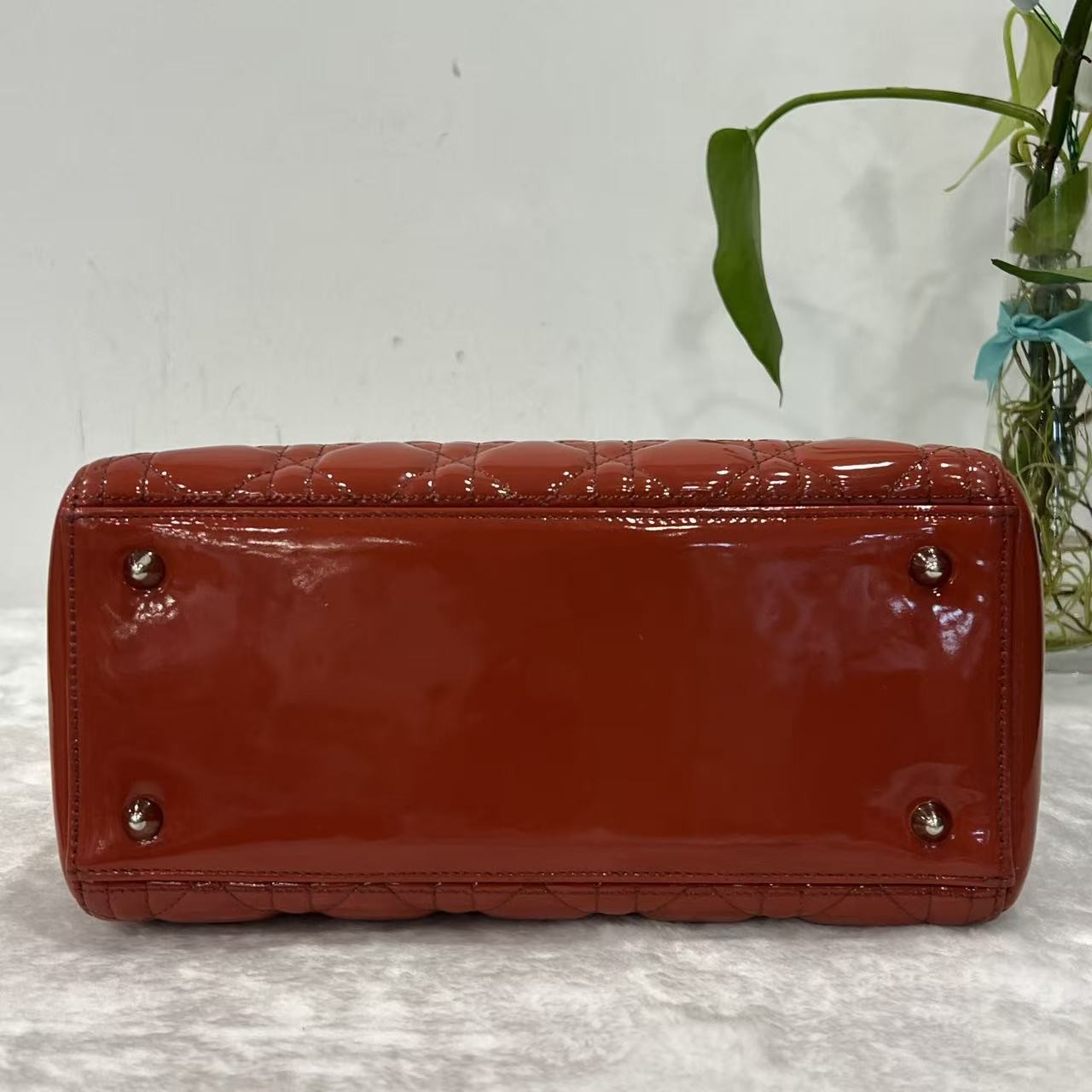 Auth Christian Dior Lady Dior Medium Red Patent Leather 2Way Hand Shoulder Bag