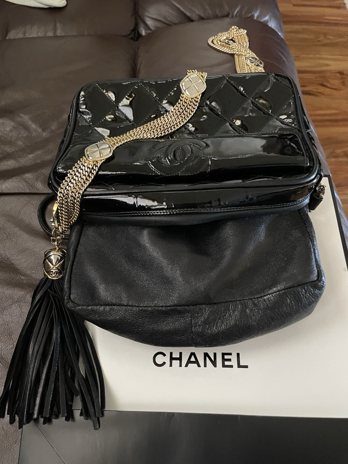 RARE Authentic Chanel Black Vintage Patent Leather Camera Bag Gold Hardware