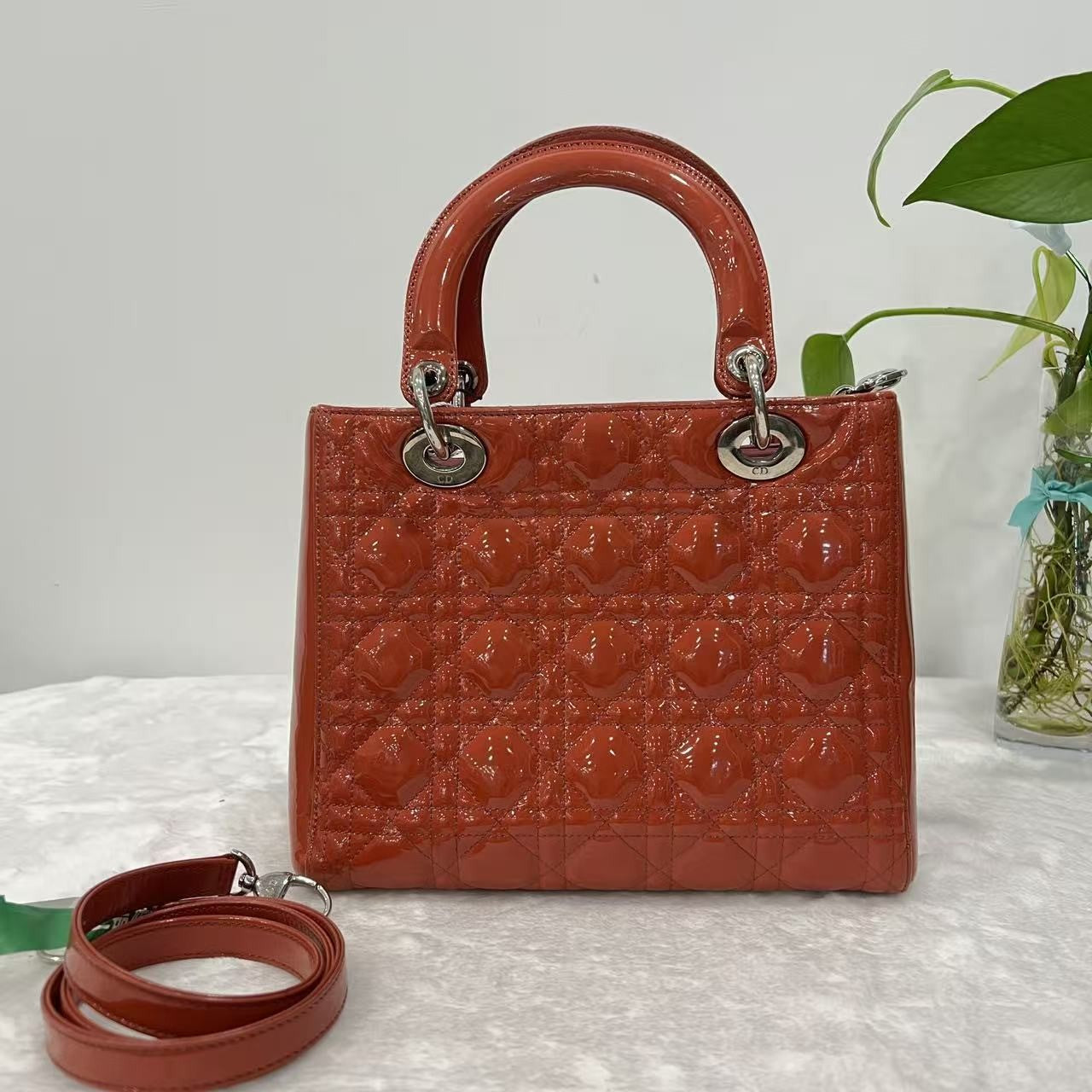Auth Christian Dior Lady Dior Medium Red Patent Leather 2Way Hand Shoulder Bag